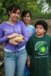 Janet & Mimo with Mabel the hen Janet & Mimo with Mabel the hen